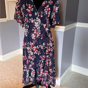 Calvin Klein Navy Midi Wrap Style Dress with Flutter Sleeves and Hi-low Hem